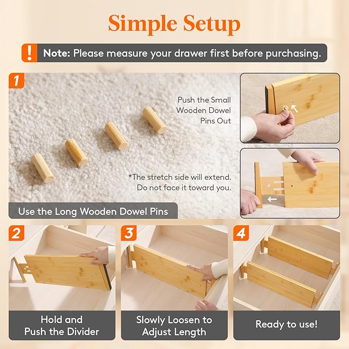 Lifewit 4 Pack Drawer Dividers Bamboo 6" High, 16-22" Adjustable Clothes Drawer Organizers, Expandable Dresser Separators in Bedroom/Bathroom/Kitchen/Office Organization and Storage
