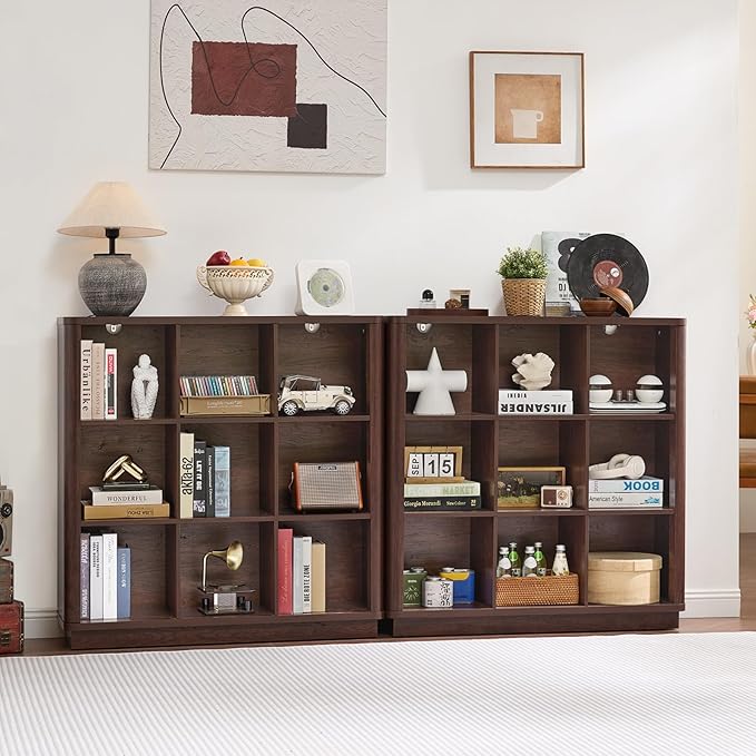 9 Cube Bookshelf, 41" Tall Organizer Bookcase with Curved Edge, Wood Floor Standing 3-Tier Cubby Book Shelf with Base, Vinatge Display Storage Cabinet for Living Room, Home Office, Walnut