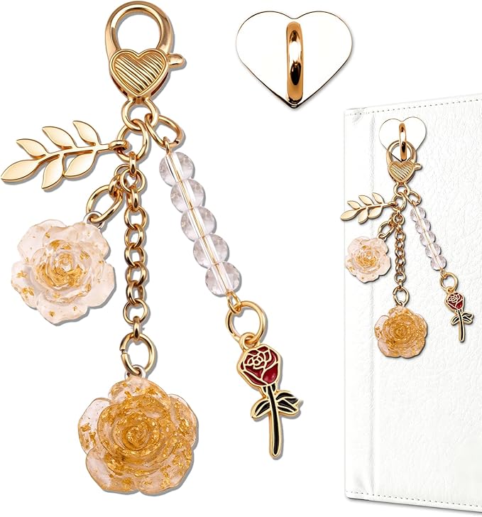 Rose Purse Charms Cute Flower Keychain With Heart Sticker Charm Chain For Kindle Colorful Bag Charms For Handbags