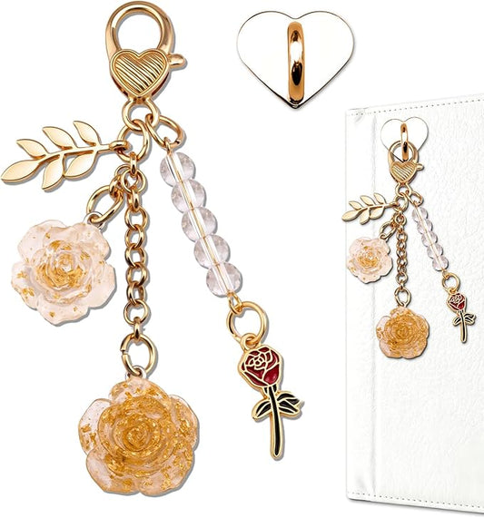 Rose Purse Charms Cute Flower Keychain With Heart Sticker Charm Chain For Kindle Colorful Bag Charms For Handbags