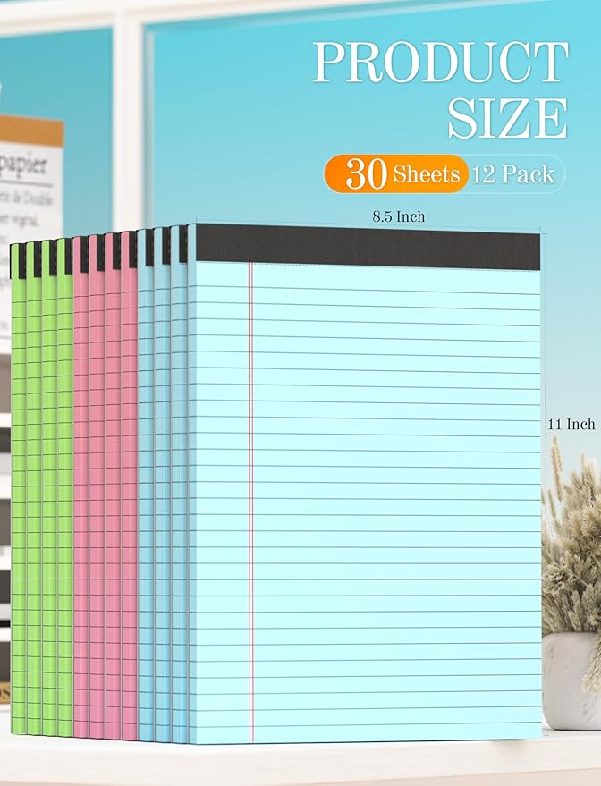 Pink Legal Pads 8.5 x 11 Notebook Paper, 12 Pack Colored Note Pads 8.5 x 11 Wide Ruled Note Paper 8 1/2 x 11, Letter Pads 8.5 x 11 Colored Notepads, Pink Legal Pads 8.5 x 11 Paper Pads, 30 Sheets/Pad