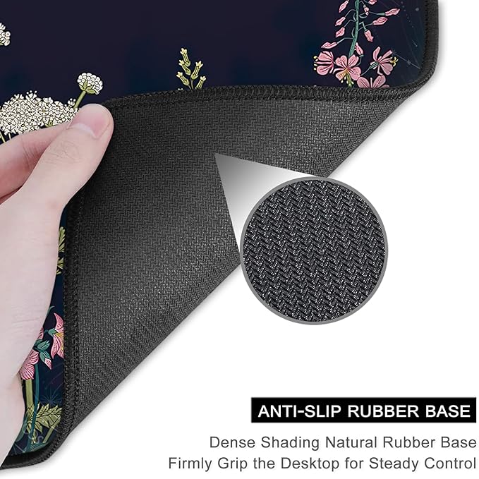 Auhoahsil Mouse Pad, 12 x 10 in Flower Theme Computer Mouse Pad for Desk, Premium-Textured Non-Slip Rubber Stitched Edges Waterproof Square Mouse Mat for Gaming Work Wireless Mice, Black