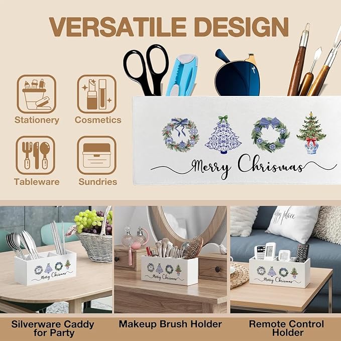 Chinoiserie Christmas Pen Pencil Holder Organizer for Desk Accessories, Christmas Office Decor, Coquette Blue Xmas Tree Wreath Wooden Box Signs Decorations for Home Office Desk Tabletop