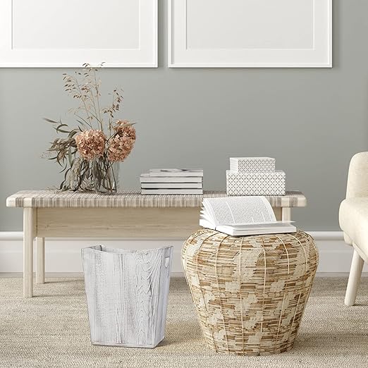 SEHERTIWY Wood Trash Can, Farmhouse Wastebasket Bin for Bathroom, Office, Bedroom, Living Room, Small Square Rustic Garbage Container (Wood-White)