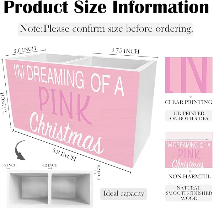 Pink Christmas Pen Holder for Desk, I'm Dreaming of a Pink Christmas Wooden Box Sign Desk Decor for Girls Bedroom Home Office Decoration, Preppy Xmas Pencil Organizer