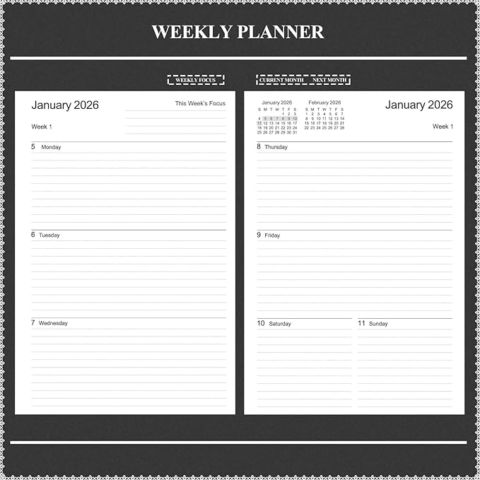 Tiankool Planner 2026-2027 - Jan 2026-Jun 2027 Weekly Monthly Planner with 18 Monthly Tabs, Elastic Closure, Inner Pocket, Round Corner,5.8" x 8.25"- Black