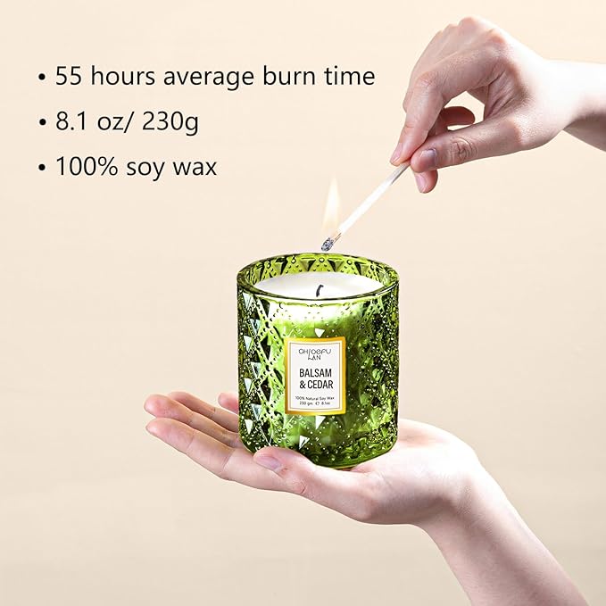 Chloefu LAN Balsam & Cedar Scented Candle Christmas Candles Gift, Christmas Festival Gifts, Large Luxury Scented Soy Jar Candles with up to 55 Hour Long Lasting, Highly Scented, 8.1oz