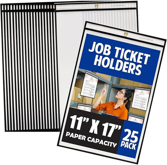 Office Werks Stitched Job Ticket Holder 11 x 17 Inch, Clear Work Order Plastic Sleeves Holder, Document Print Holders, Perfect for Attaching to Machinery, File Cabinets, Racking & Hanging, 25 Pack