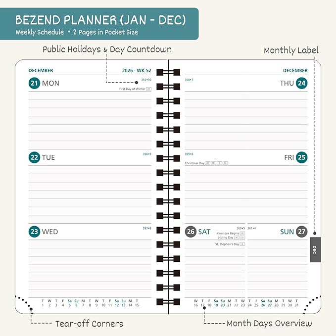 BEZEND Pocket Calendar 2026 Weekly and Monthly (3.5" x 6" Spiral) Small Daily Planner for Purse (Jan-Dec) with Notes & Expenses, Inner Pocket, Pen Holder, Vegan Leather Softcover - Turquoise