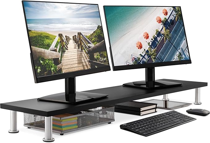 The Original Bamboo Dual Monitor Stand (As Seen On PBS) - 42 Inch Large Monitor Riser for Computer Screens, Laptop or TV - Desk Shelf Adds Storage Space and Improves Ergonomics - Black