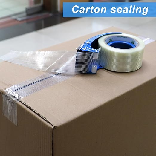 BOMEI PACK Strapping Tape 2Inch, Fiberglass Reinforced Heavy Duty Packing Tape with Dispenser with String for Moving and Shipping, 6Rolls x 5.5Mil x 35Yds, Total 210Yds