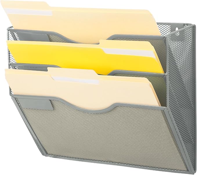 EASEPRES 3 Pocket Mesh Hanging Wall File Organizer, Wall Mounted Mail Paper Document Folder Holder, Clipboard Storage Organization Magazine Rack with Nametag Label for Office Home School, Gray