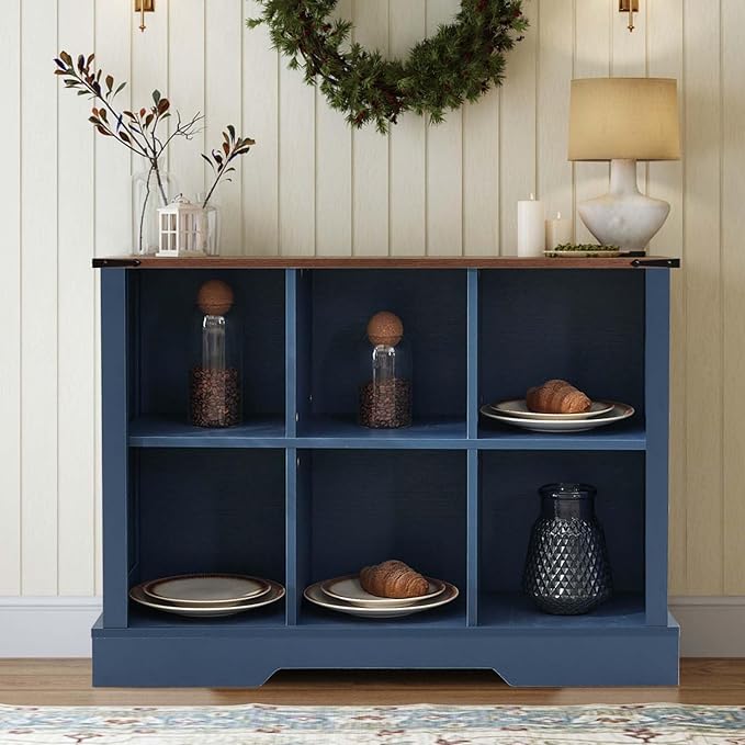 6 Cube Storage Organizer, 2 Tier Bookshelf for Living Room, Farmhouse Bookcase with Led, Kids Toy Storage Cabinet, Wall Cubby Shelves for Home Decor, Wood Display Cabinet for Bedroom, Blue