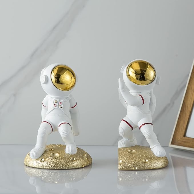 Space Theme Bookends for Shelves, Astronaut Moon Book Ends for Kids Room, Decorative Planet Book Stoppers to Hold Books Heavy Duty, Unique Boys and Girls Gift (Gold)