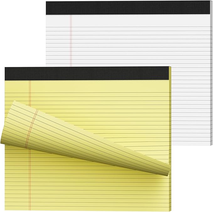 11" x 9.5" Legal Pads College Ruled Notepad 2 Pack White & Yellow Colored Note Pads 30 Sheets Lined Paper Pads 80 GSM Legal Pad 9/32 Inch Writing Pads with Sturdy Back for School, Office, Home