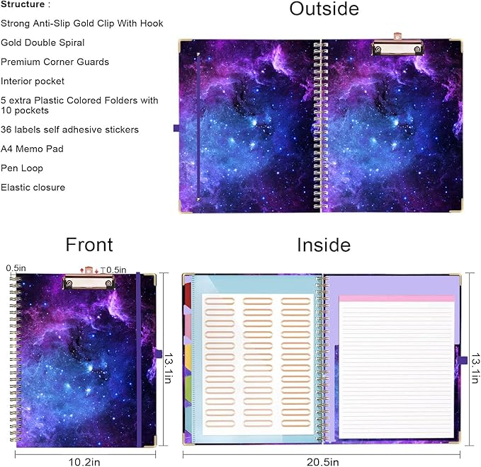 Lateefah Clipboard with Storage, File Folders with Pockets, Nursing Clipboard with Label Stickers and Notepad, Spiral Clip Board with Pen Loop for School, Office Supplies