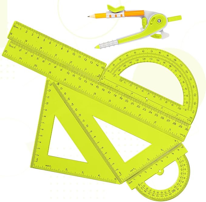 Zonon 1 Set Plastic Geometry Math Set 7 Pcs Includes 6'' / 4 '' Protractor, Drawing Compass, 45/60 Degree Triangle Rulers, 12'' / 6'' Math Ruler Transparent for Office Supplies(Yellow)