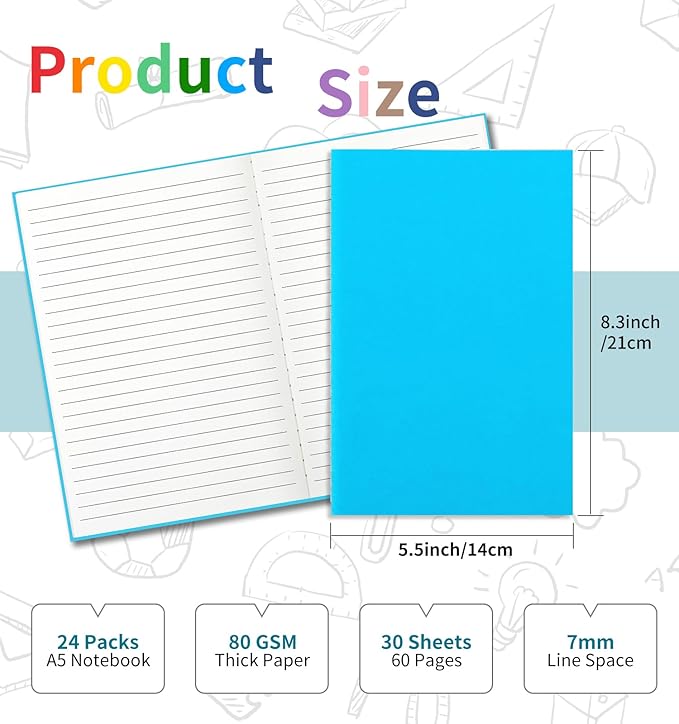 24 Pack Colorful Lined Notebooks for Writing, Journals Bulk, A5 Composition Books, 8.3x5.5 Inch, 60 Pages, 30 Sheets Sketchbooks for Office School Travel Supplies (Lined-24 pack, 12 Colors)