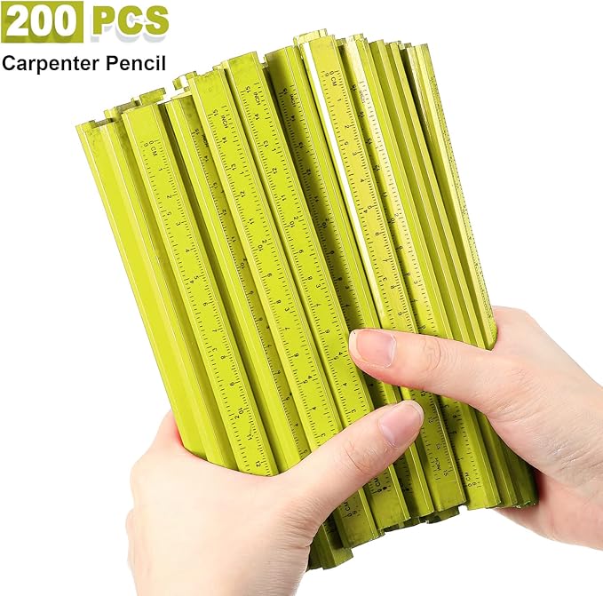 Honoson 200 Pcs Flat Construction Pencils with Printed Ruler Wood Graphite 2 Pcs Carpenter Pencil Sharpener for Woodworking Marking Tool(Yellow)