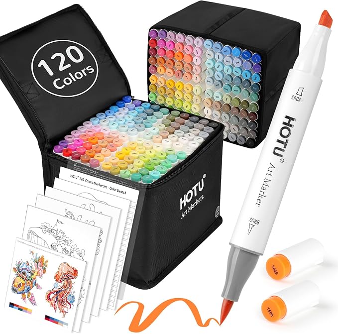 Alcohol Markers Brush Tip-120 Colors Dual Tip Brush & Chisel Art Marker Set for Artist Coloring Illustration with Line Art for Coloring, Colorless Blender, Swatch Card, Anti-bleed Pad