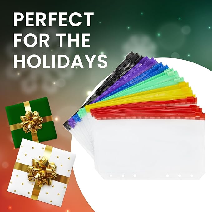 Okuna Outpost Pencil Pouch - A6, Clear Plastic, Double Zipper, 6-Hole, Multicolor, 24-Pack - Binder Pencil Pouches & Money Envelopes for Cash, Teacher Supplies