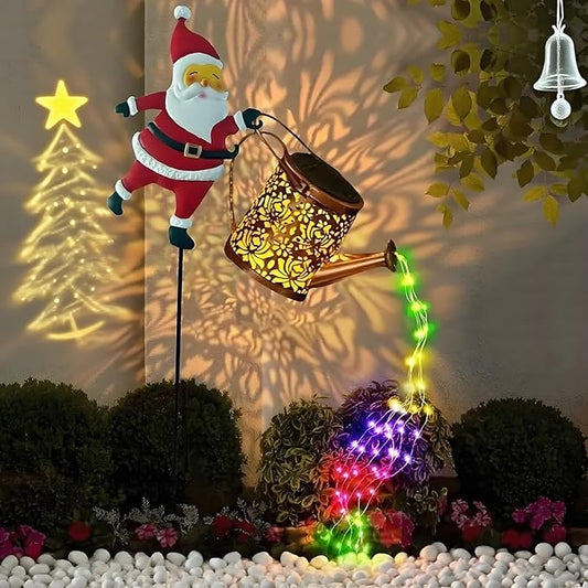 Solar Christmas Lights Outdoor, Waterproof Hanging Metal Watering Can Light Solar Christmas Decorations, Santa Solar Kettle Lights Holiday Displays for Garden Patio Path Yard Lawn (Colorful)