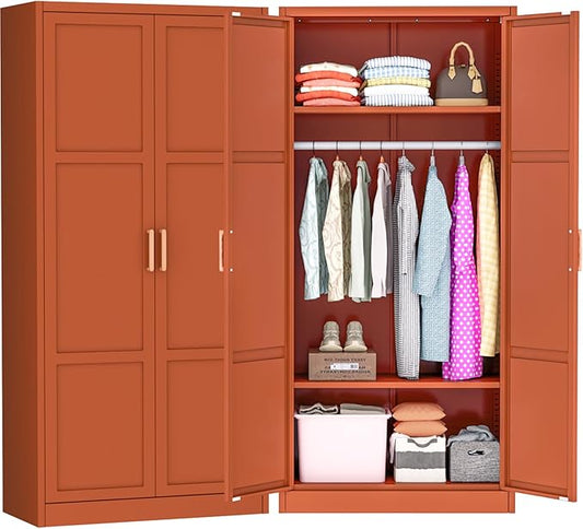 Greenvelly Metal Wardrobe Cabinet with Wooden Handle, 72" Metal Wardrobe Closet with Hanging Rods and Adjustable Shelves, Clothing Storage Closet Cabinet for Home, Office, Employee, Gym (Brown)