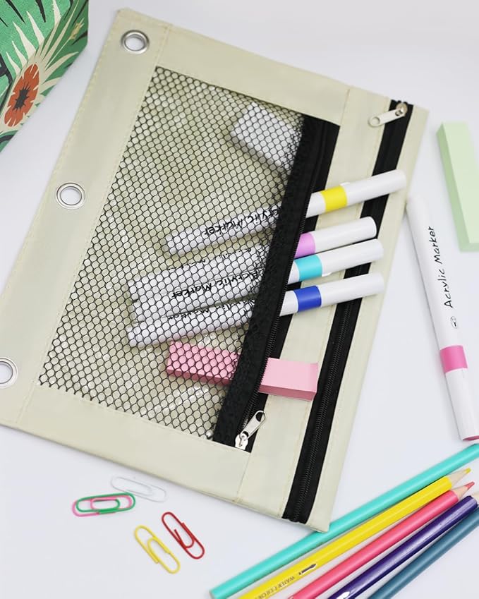 Pencil Pouch for 3 Ring Binder - 3 Hole Zipper Pen Case Bag Holder Bulk Accessories Clear Window Aesthetic Organizer Pockets (Beige, 1)