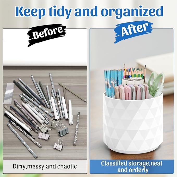 Desk Organizer,Sparkling Diamond-like Pen Holder for Desk 360°Rotating Office Accessories,Pencil Cup with 5 Compartments Storage Box Caddy for Office,School,Home,Art Supply(White)