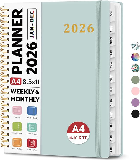 2026 Planner 8.5" x 11", Weekly and Monthly Calendar Planner Book, January 2026 - December 2026, Hardcover Spiral Planner with Monthly Tabs, Notes Pages, Perfect for Women & Men, A4 - Grey Blue