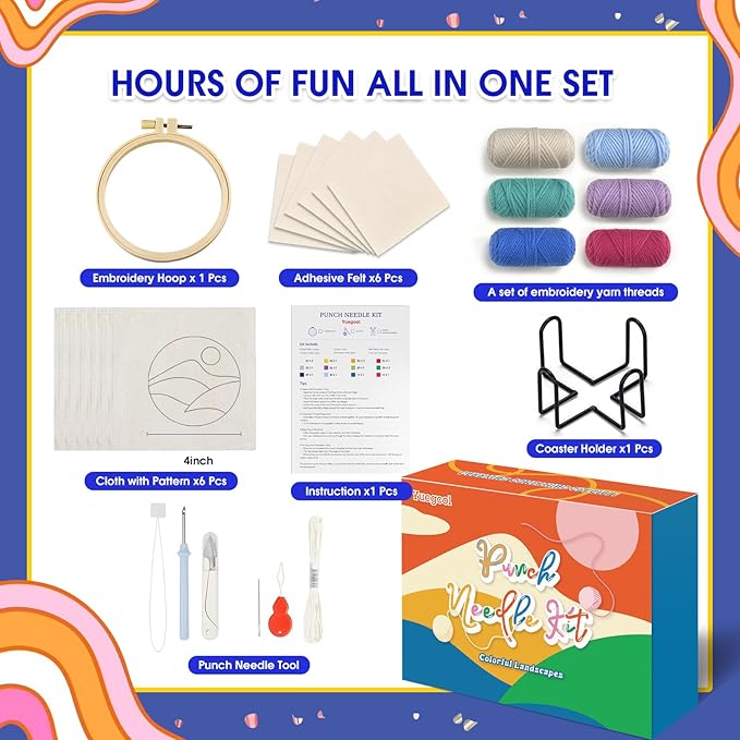 yuegool 6PCS Landscapes Punch Needle Coasters Kit,Easy DIY Punch Needle Embroidery Kit for Beginners Adults Kids Including Patterns, Tools, Yarns, Hoop, Instruction, Coaster Holder Art Craft Supplies