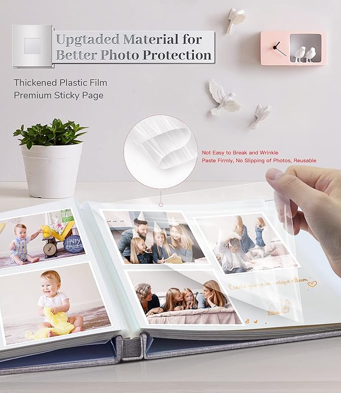 Photo Album Self Adhesive Scrapbook Album for 3x5 4x6 5x7 8x10 Pictures,60 Pages Linen Cover with Display Window DIY Photo Book,Ideal Gifts for Family Travel Wedding Baby