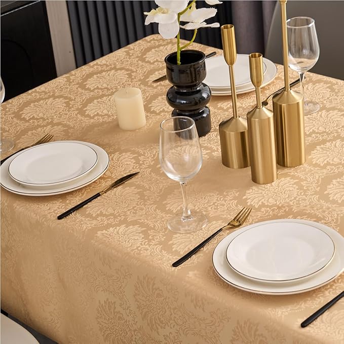 Romanvicky Christmas Jacquard Tablecloth Gold Flower Pattern Rectangle Table Cloth Spill Proof Wrinkle Resistant Polyester Table Cover for Party, Dining, Thanksgiving Decoration, 60 x 120 Inch
