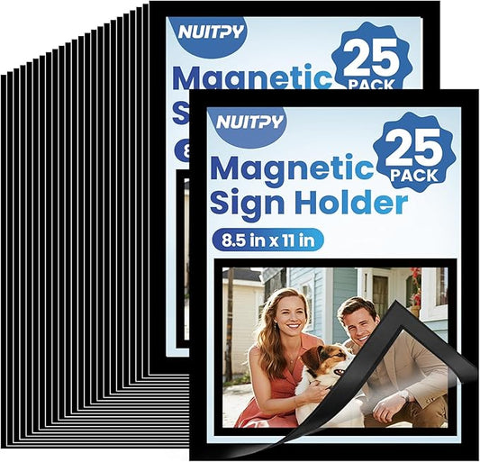 25 Pack Magnetic Sign Holder, 8.5in x 11in Self Adhesive Wall Mount Magnetic Document Holder, Magnetism Border Sign Holder with Transparent PVC Front Cover