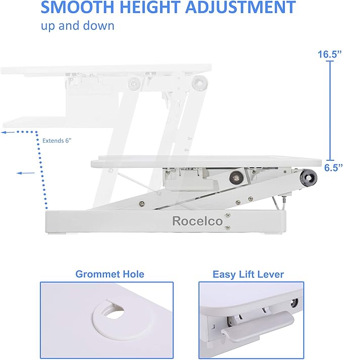 Rocelco 37.5" Deluxe Height Adjustable Standing Desk Converter with Anti Fatigue Mat BUNDLE - Quick Sit Stand Up Computer Workstation Riser - Large Retractable Keyboard Tray - White (R DADRW-MAFM)