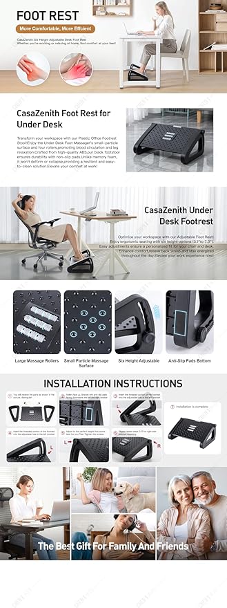 Foot Rest, Six Heights Adjustable Foot Rest for Under Desk at Work, Ergonomic Foots Stool for Under Office Desks, Under Desk Footrest with Foot Massage Roller, Chair Footrest for Leg Rests