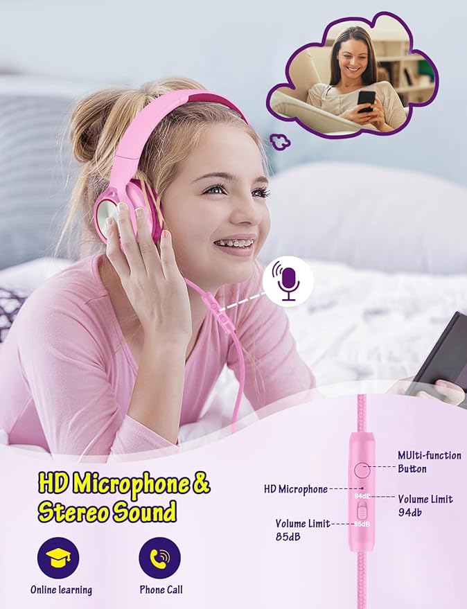 Kids Headphones with Microphone, Wired Over Ear Headsets with Limited Volume 85dB/ 94dB for Boys Girls Teens Children Online School/Travel/iPad/Tablet/Cellphone