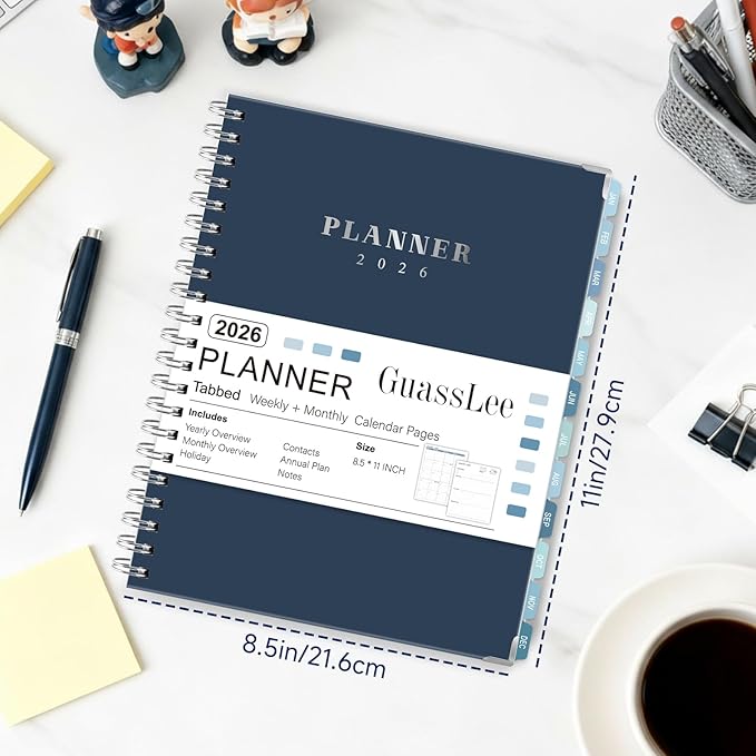 GuassLee Large 2026 Planner, Weekly and Monthly Planner from January 2026-December 2026, 8.5"x 11" Calendar Agenda Book with Back Pocket, Stickers for Home Office School Supplies, Navy Blue
