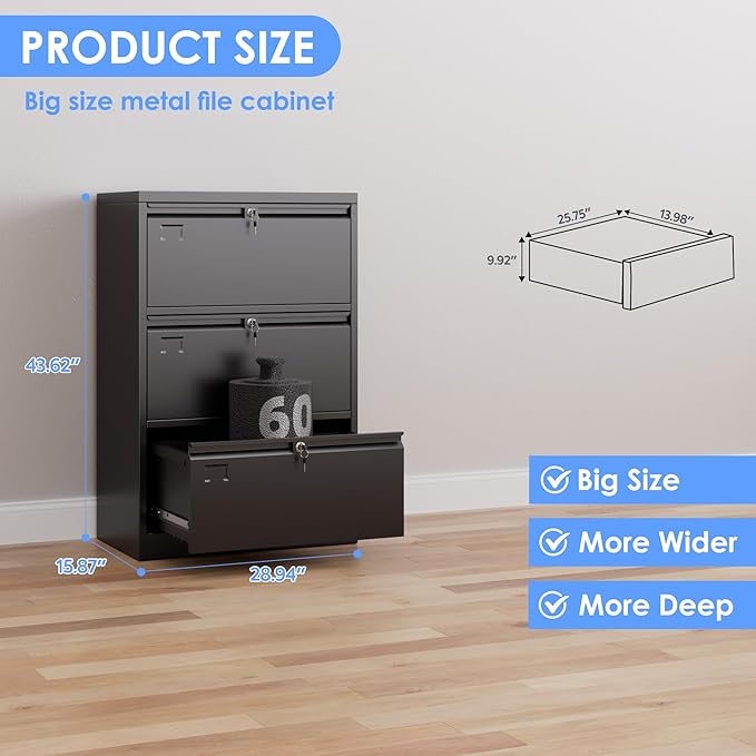 Aobabo 3 Drawer Wide Lateral File Cabinet, Metal Filing Cabinet with Lock, Suitable for Home Office School Hanging Files Letter/Legal/F4/A4 Size,Black,Required-Assembly,15.87" D x 28.94" W x 43.62" H