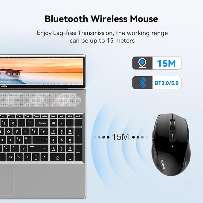 TECKNET Bluetooth Mouse, 4800 DPI Wireless Mouse, 2-Year Battery 6 Adjustable DPI, 6 Buttons Compatible with Laptop/Windows/Computer - Black