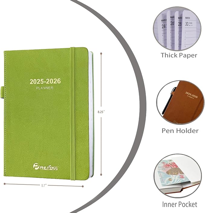 2025-2026 Daily Planner, One Page Per Day, Academic Calendar (July 2025 - June 2026), Appointment Book with Time Slots and Monthly Tabs, 5.7" x 8.25", Pocket, Leather Cove (Chartreuse)