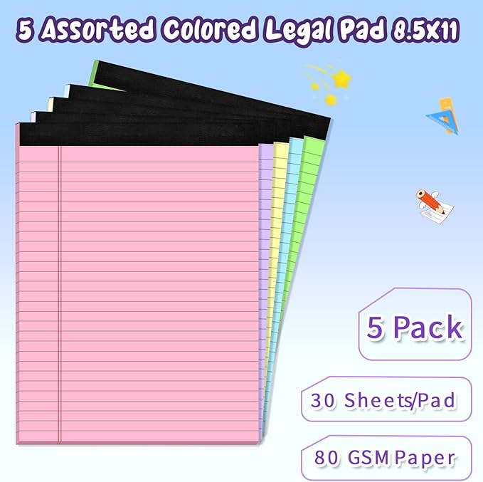 5 pcs Legal Pads 8.5 x 11 Note Pads, Colored Legal Notepads 8.5 x 11, Notebook Wide Ruled Paper, Micro Perforated Writing Pad, Pad of Paper for Office Home School, 30 Sheets/Pack