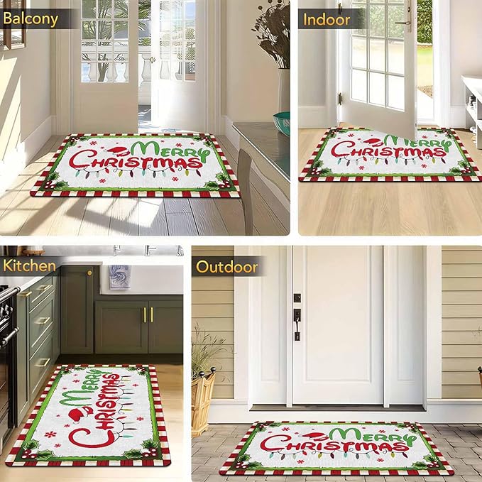 Christmas Door Mat Outdoor, Merry Christmas Plaid Hat Light Snowflakes Welcome Mats for Front Door Holiday Doormat Indoor Entryway Floor Rug for Entrance Outside Home, 18" x 30"Inch