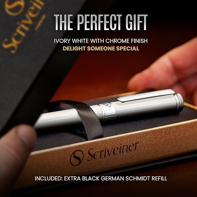 Scriveiner Ivory Rollerball Pen - Stunning Luxury Pen With Chrome Finish, Schmidt Ink Refill, Best Roller Ball Gift Set for Men & Women, Professional, Executive Office, Nice Pens