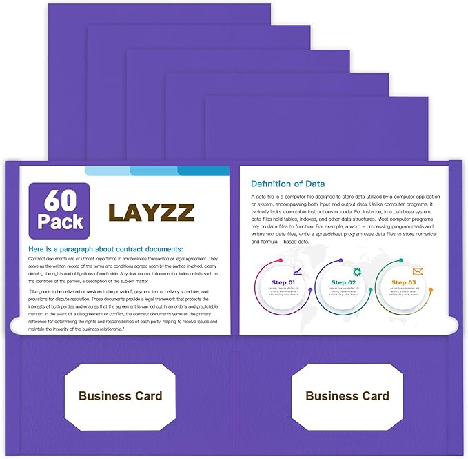 Folders with Pockets, LAYZZ 60 Pack Paper Pocket Folders, 2 Pocket Folders Fits Letter Size Paper, for School Office and Home (Purple)