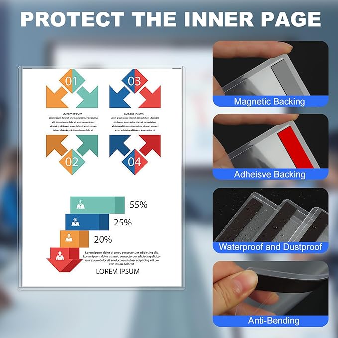 2 Pack 8.5'' x 11'' Inch Magnetic Sign Holders, Rigid Print Protectors, Paper Holder With Adhesive Tape, Plastic Document Holder For Posters Letter Paper Picture, Wall Mount Magnetic Frame for Refrigerator Window, Door, Home, Office, and Store