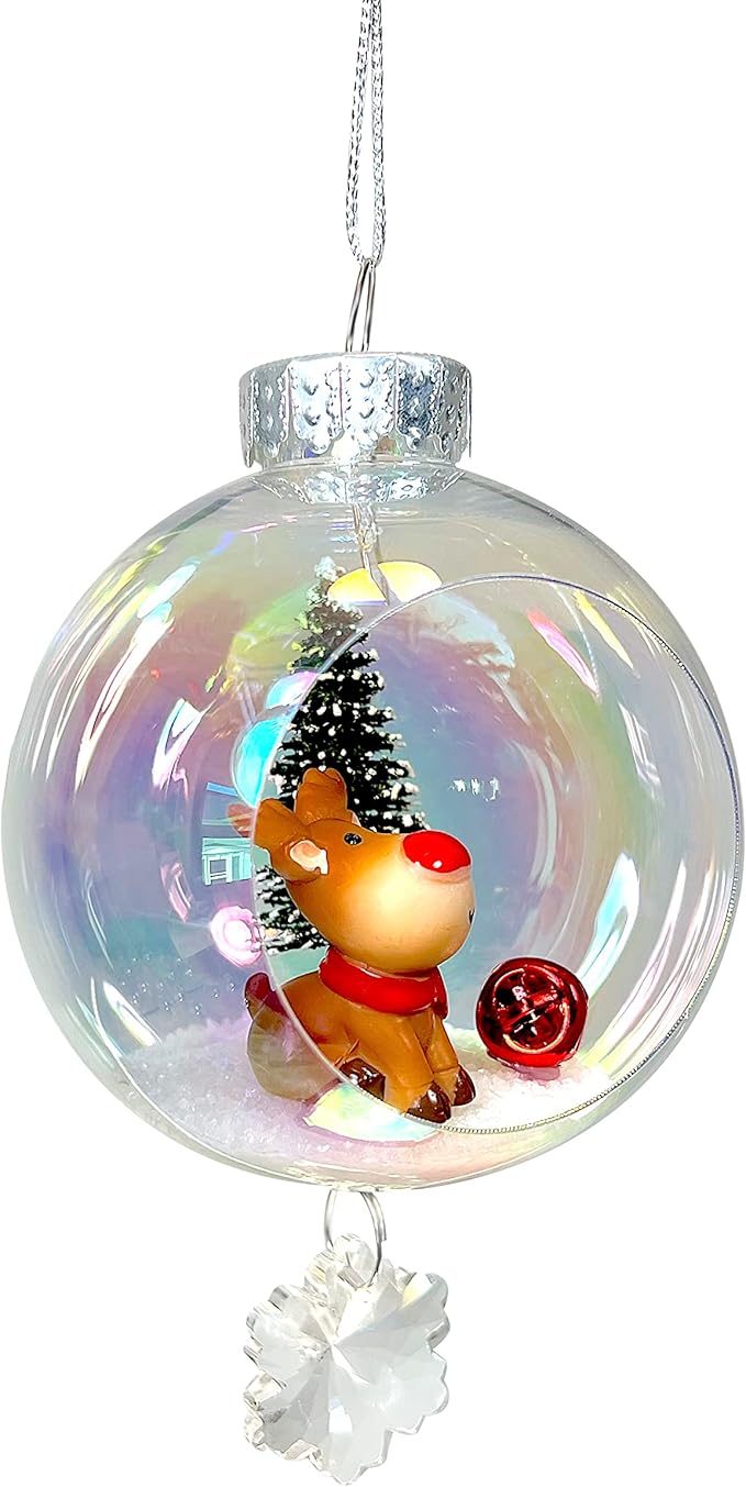 Rudolph Christmas Ornament - Handmade Shatterproof Decorations for Indoor Outdoor Xmas Tree - Clear Ball Ornaments with Magnetic Crystal - Great Gift or Stocking Stuffer for Mom, Sister, Friend