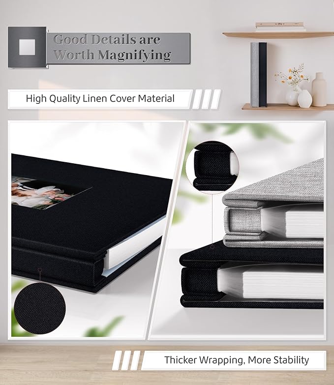 Photo Album Self Adhesive Scrapbook Album for 3x5 4x6 5x7 8x10 Pictures, 60 Pages Linen Cover with Display Window DIY Photo Book,Ideal Gifts for Family Travel Wedding Baby