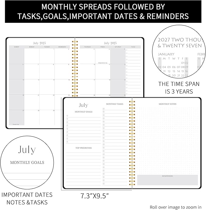 Monthly Planner 2025-2027, Simplified Monthly Calendar Planner, 24 Months Calendar, July 2025 - June 2027, 7.3" * 9.5", Waterproof Cover with Spiral Bound, for Office, School