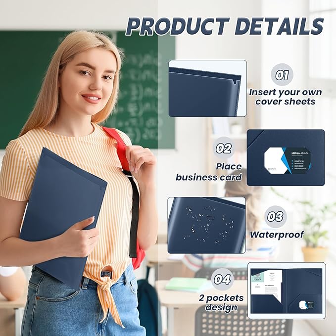Henoyso 36 Pcs Plastic Folders with Clear Front Pockets Heavy Duty File Folders with 2 Pockets and Card Slot for Student Communication School Office Presentation Report (Navy Blue)